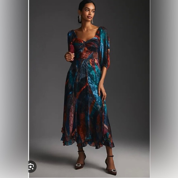 Anthropologie HUTCH PUFF-SLEEVE MIDI DRESS Size 2 Petite - Picture 1 of 3